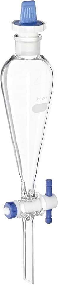 Corning Pyrex Borosilicate Glass Economy Squibb Separatory Funnels with Polyethylene Stopper and Fluropolymer Stopcock, 255mm L, 60ml Capacity (Case of 4)