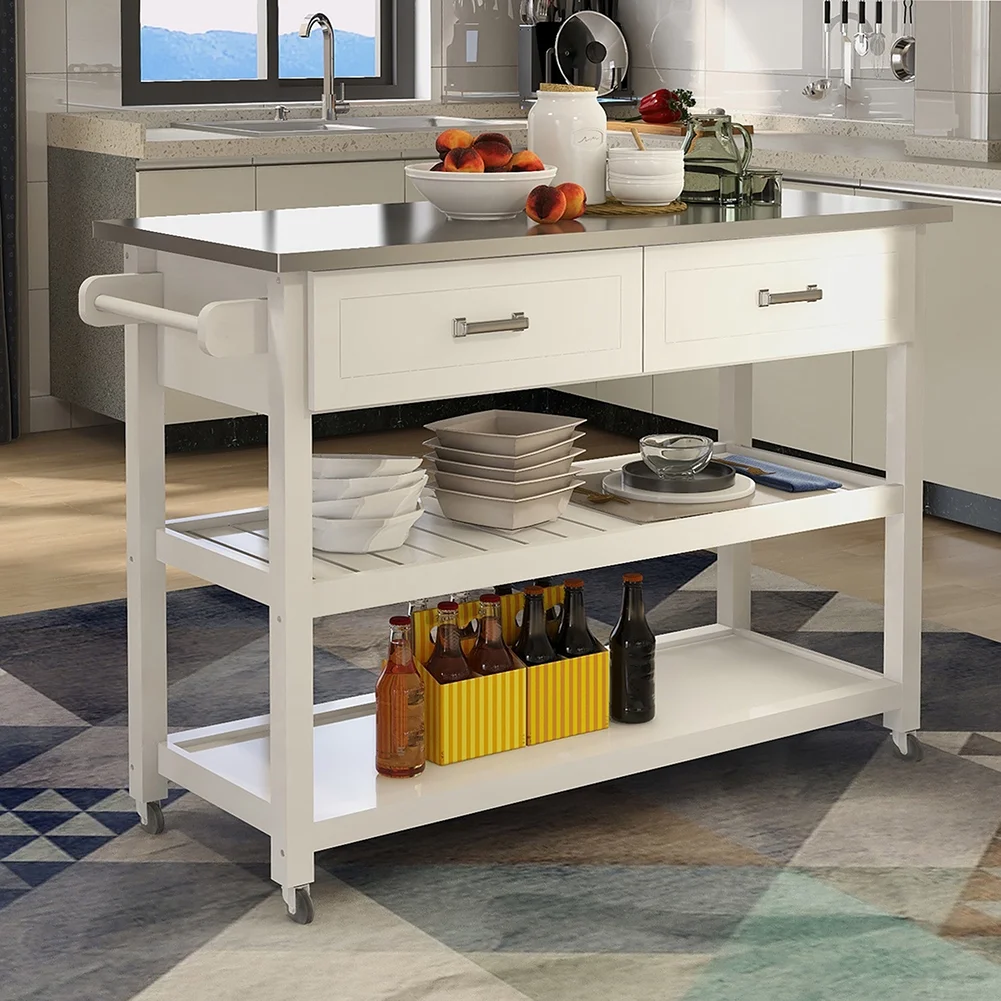 Oyang Kitchen Cart with Stainless Steel Counter Top 2 Drawers Rolling Kitchen Cart on Wheels for Home Kitchen Dining Room