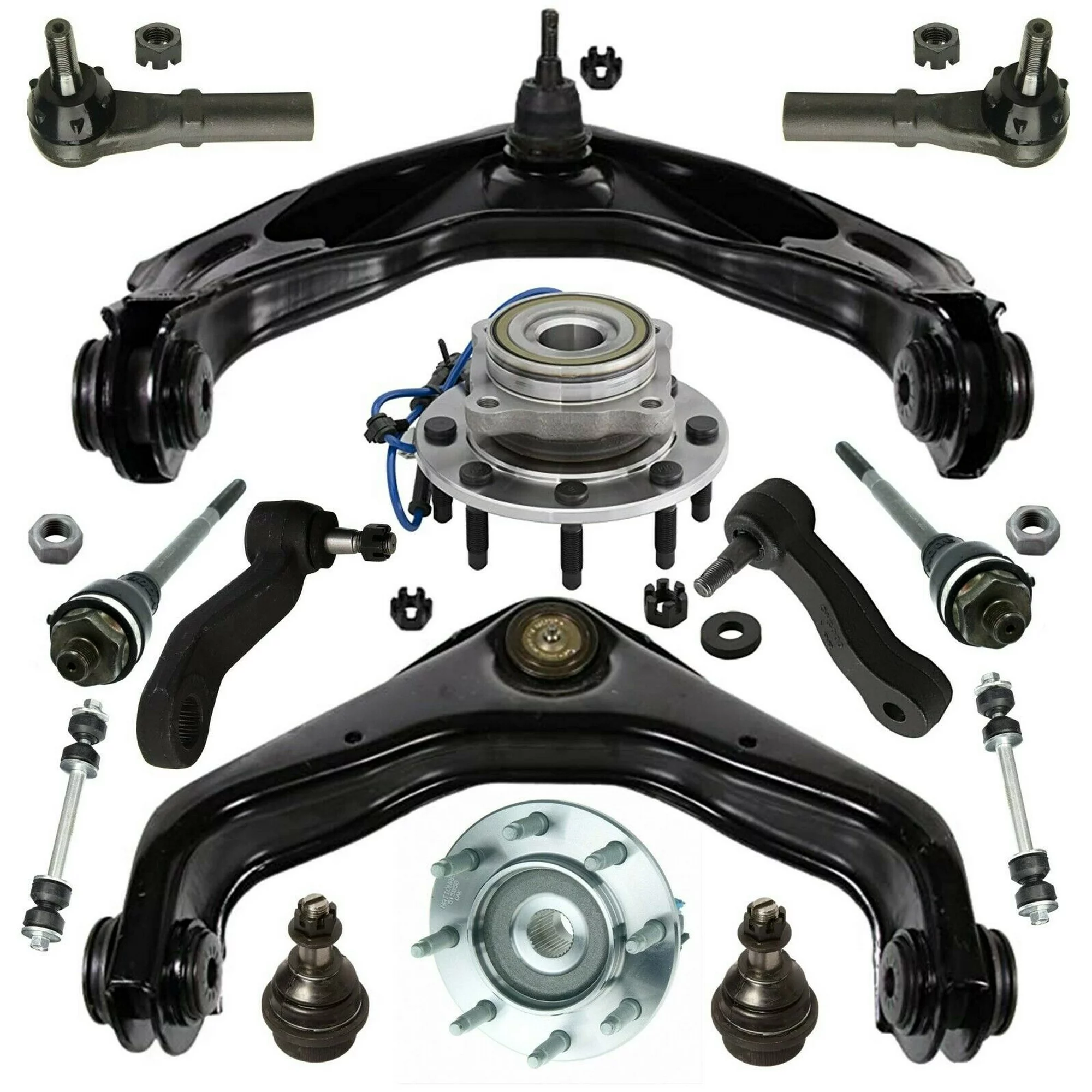 14 Pc Complete Suspension Kit Tie Rods Linkages Upper Control Arm Ball Joints Front Wheel Bearing and Hub Assembly Fits select: 2001-2007 CHEVROLET SILVERADO, 2003-2005 HUMMER H2