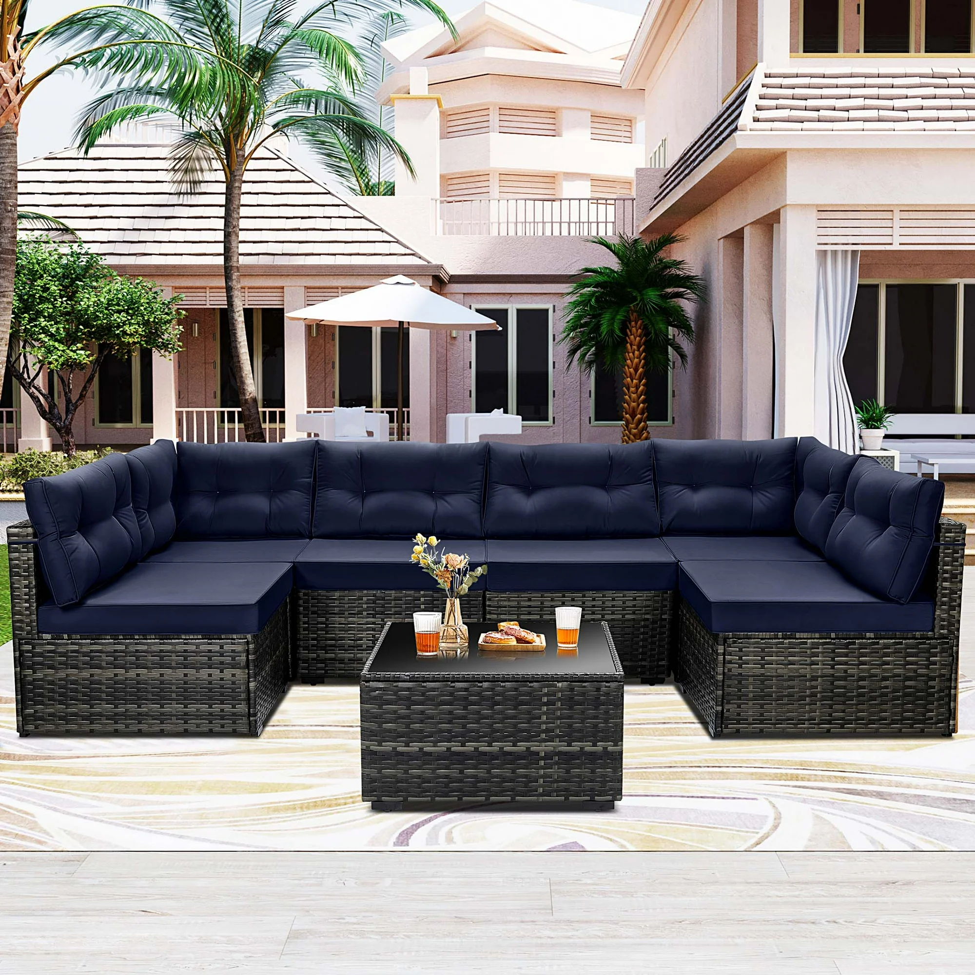 Patio Outdoor Furniture Sets, 7 Pieces All-Weather Rattan Sectional Sofa with Tea Table & Cushions, PE Rattan Wicker Sofa Couch Conversation Set for Garden Backyard Poolside