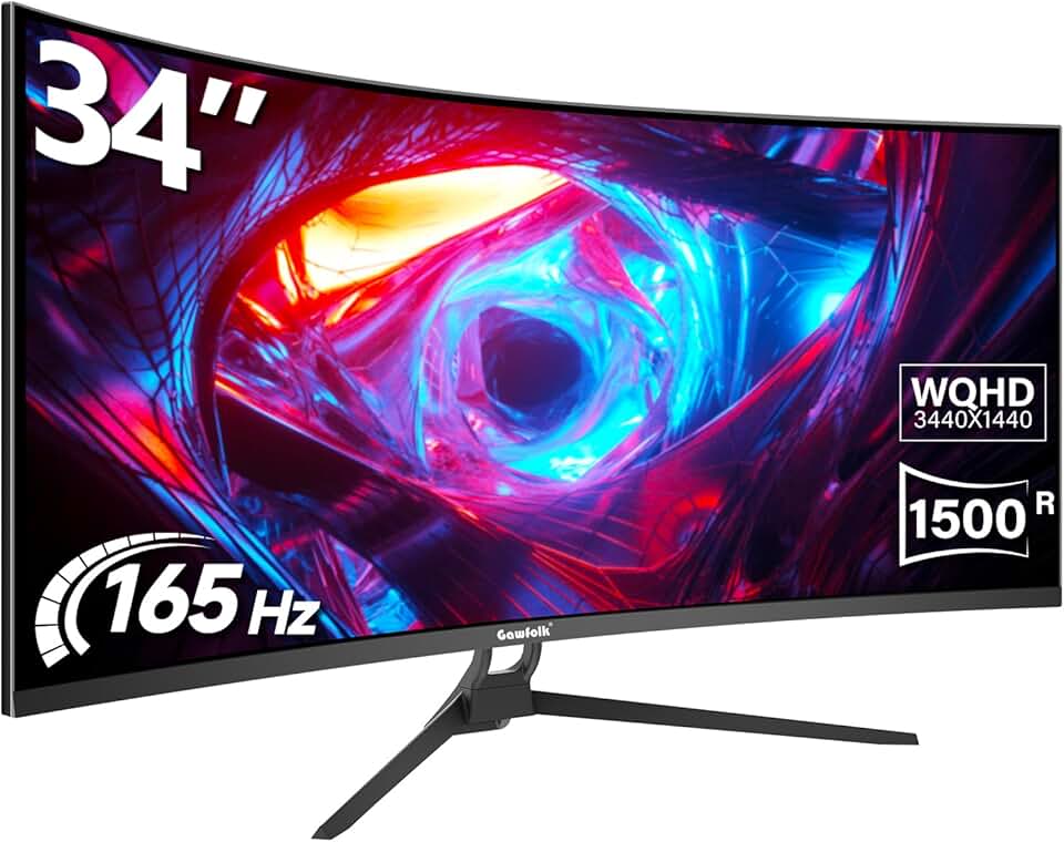 34 Inch Ultrawide Curved Gaming Monitor, 1500R PC Screen 165hz UWQHD 3440x1440, Curved Computer Screen with FreeSync,Support Wallmount 75x75mm