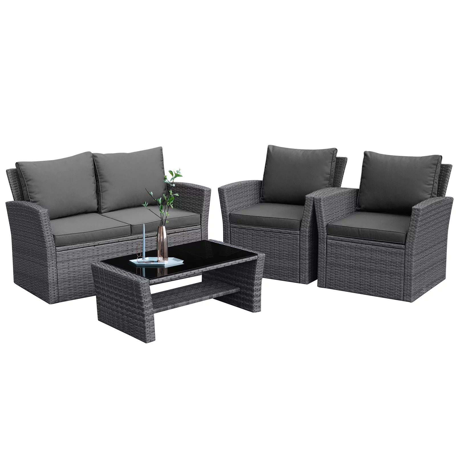 Patiojoy 4-Piece Rattan Wicker Patio Outdoor Furniture Sofa Set with Cushions & Tempered Glass Table Grey