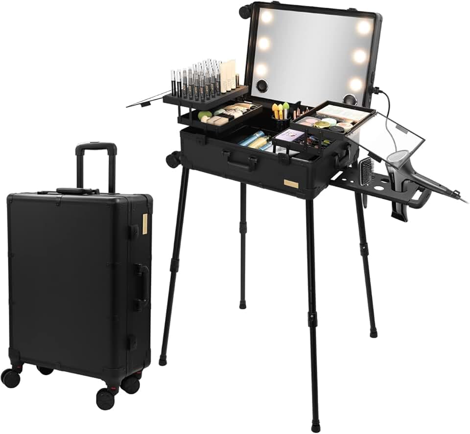 Extra Large Aluminum Trolley Makeup Train Case with Built-in LED Lights Professional Cosmetic Organizer Studio with Speaker & Stand Rolling Lighted Makeup Vanity Station (black)