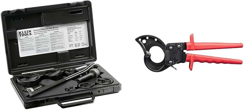 Klein Tools 53732SEN Knockout Punch Set with Wrench & 63060 Cable Cutters, Ratcheting Heavy Duty Cutters for Up to 750 MCM, Great for Cable Preparation