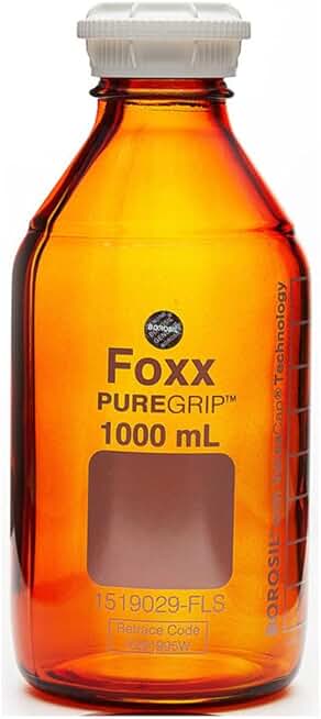 Foxx Life Sciences 1519029-FLS PUREGRIP Borosilicate Glass 3.3 Reagent Bottle with GL45 Screw Cap and Pouring Ring, Graduated, Amber, 1L Capacity (Pack of 10)