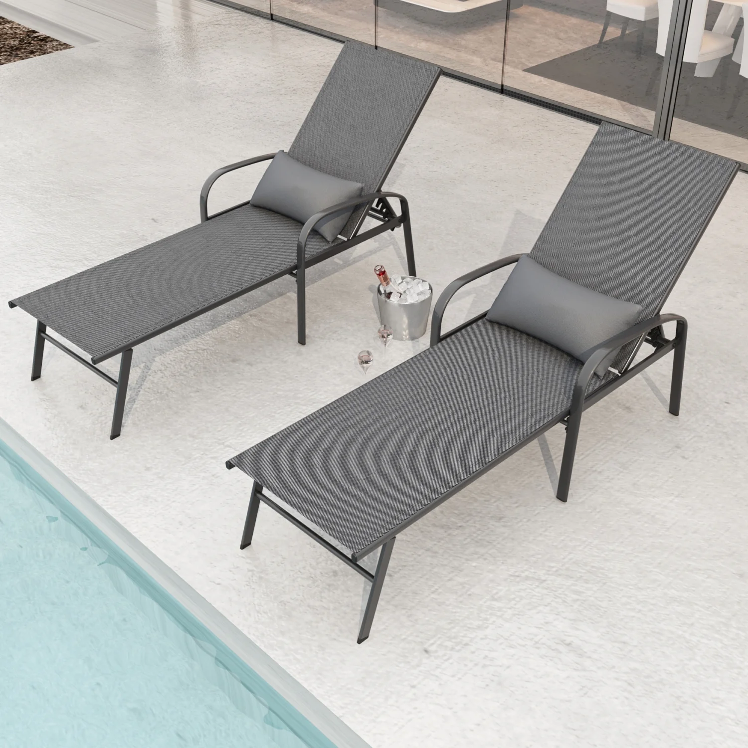 Outdoor Gray Color Lounge Set with Pillow for Patio and Swimming Pool - 2 Pieces