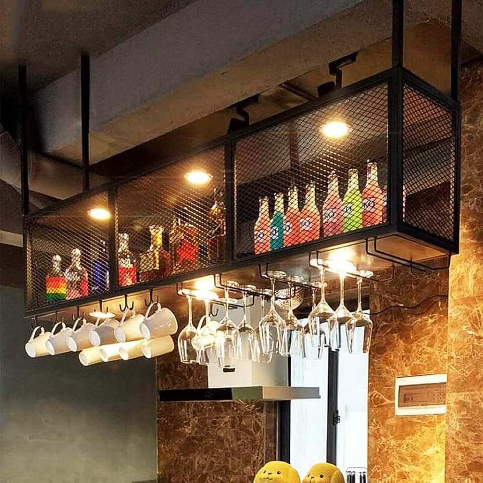 Goblet Cup Hanger Holder Shelf Industrial 2-Tier Metal Iron Grid Ceiling Hanging Wine Bottle Holder Holds Any Type of Stemware Glassware Wine Glasses and Flutes Bottle Rack