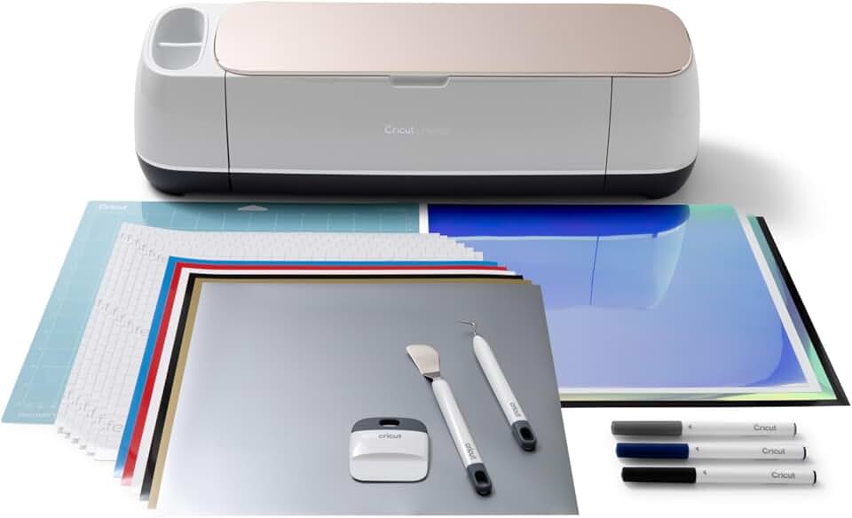 Cricut Maker Bundle, Includes Cricut Maker Cutting Machine, Iron On Vinyl, Premium Vinyl - Permanent, Holographic Iron On Vinyl, Transfer Tape, Cutting Mats, Tool Set, Crafting Accessories, Champagne