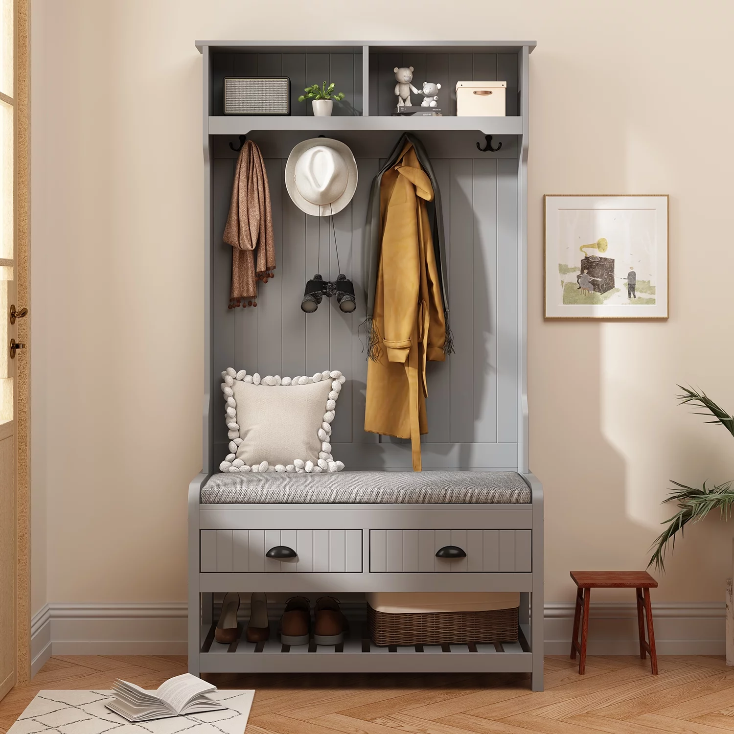 OXYLIFE Wood Hall Tree with Storage Bench and Coat Rack for Entryway Hallway, Gray