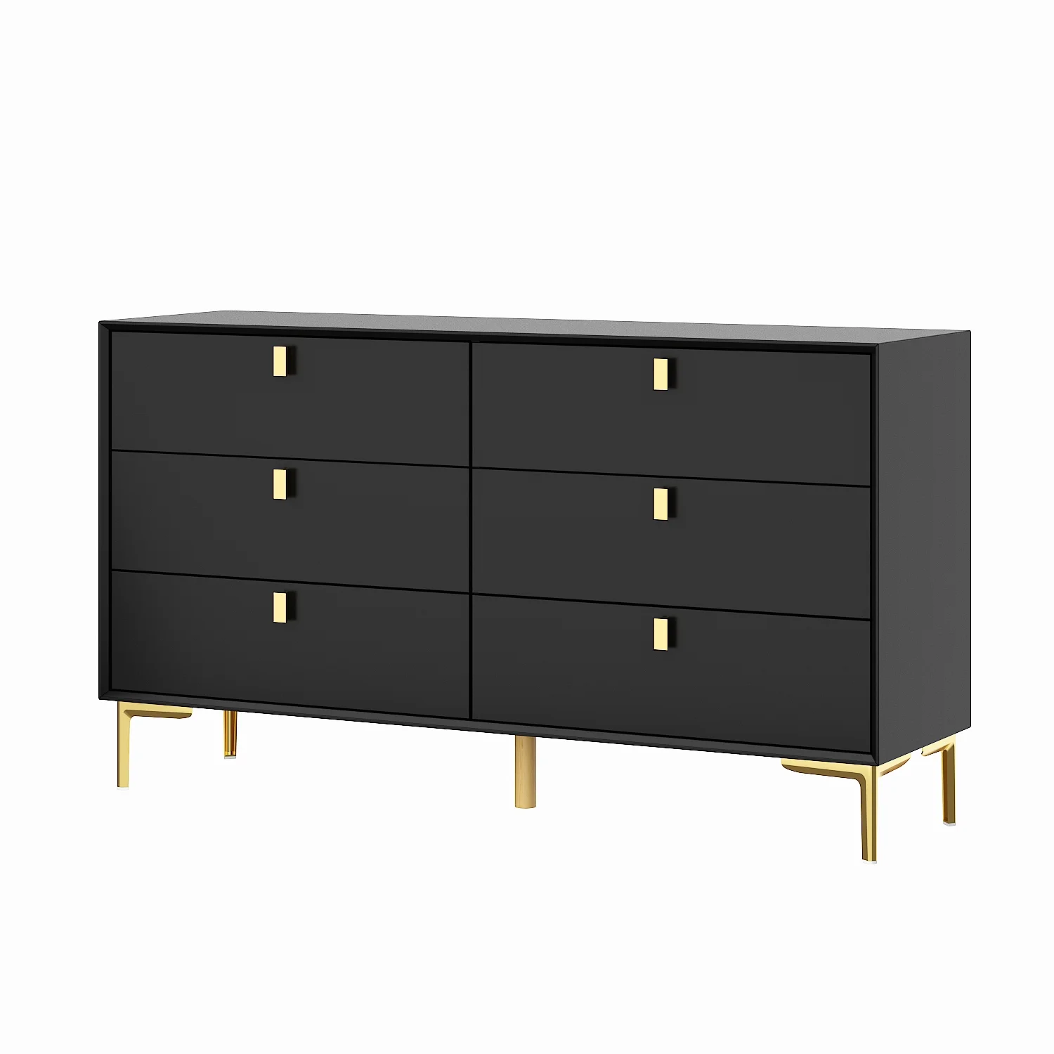 OXYLIFE Double Dresser with Metal Handles, 6 Drawer Dresser Wooden Chest for Closet Hallway Bedroom, Black and Gold