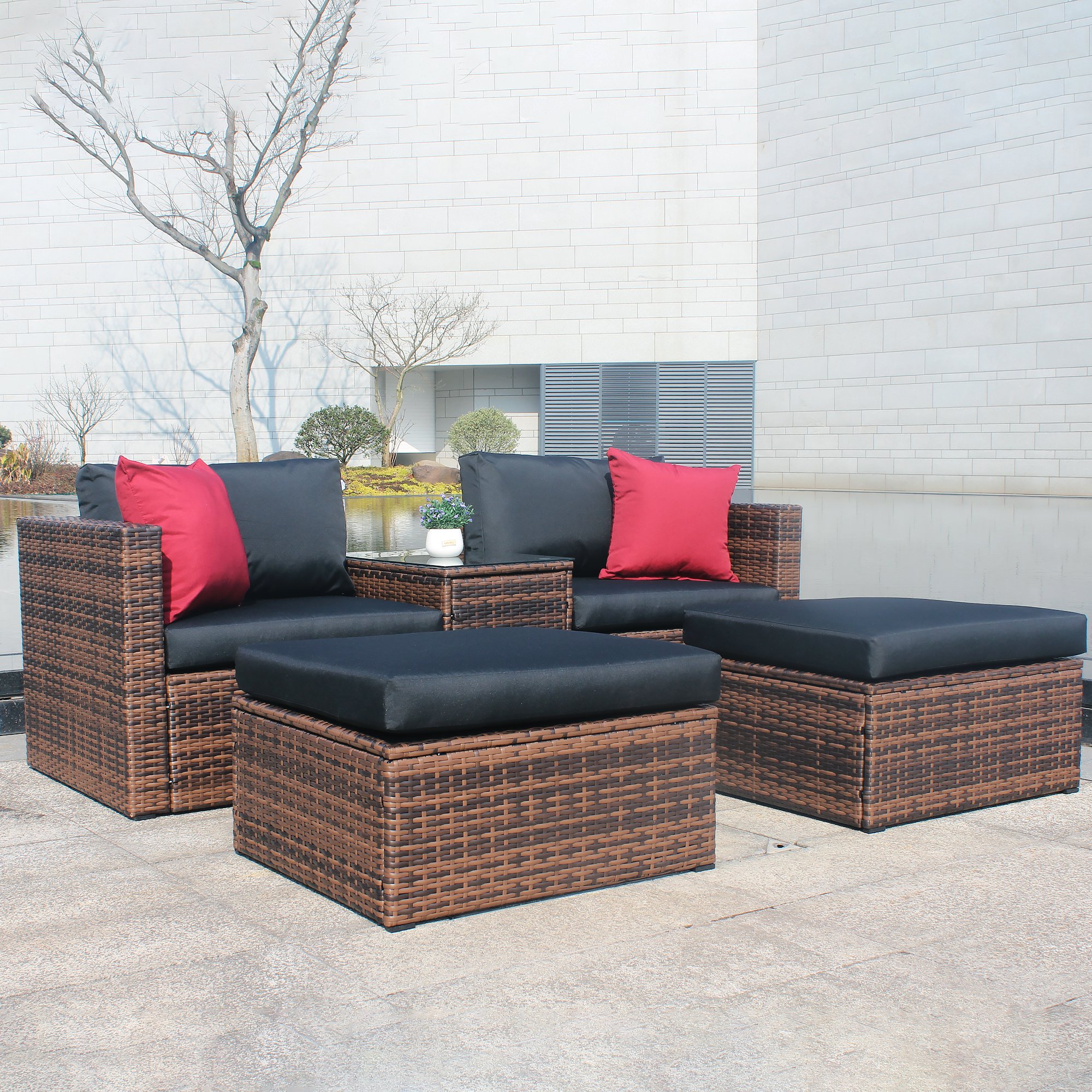 Outdoor Indoor Patio Furniture Set 5 Pieces, PE Rattan Sectional Furniture Set with Glass Table, Cushioned Chair and Ottoman, Patio Conversation Sofa Set for Garden, Yard, Deck, Poolside, Brown, D1049