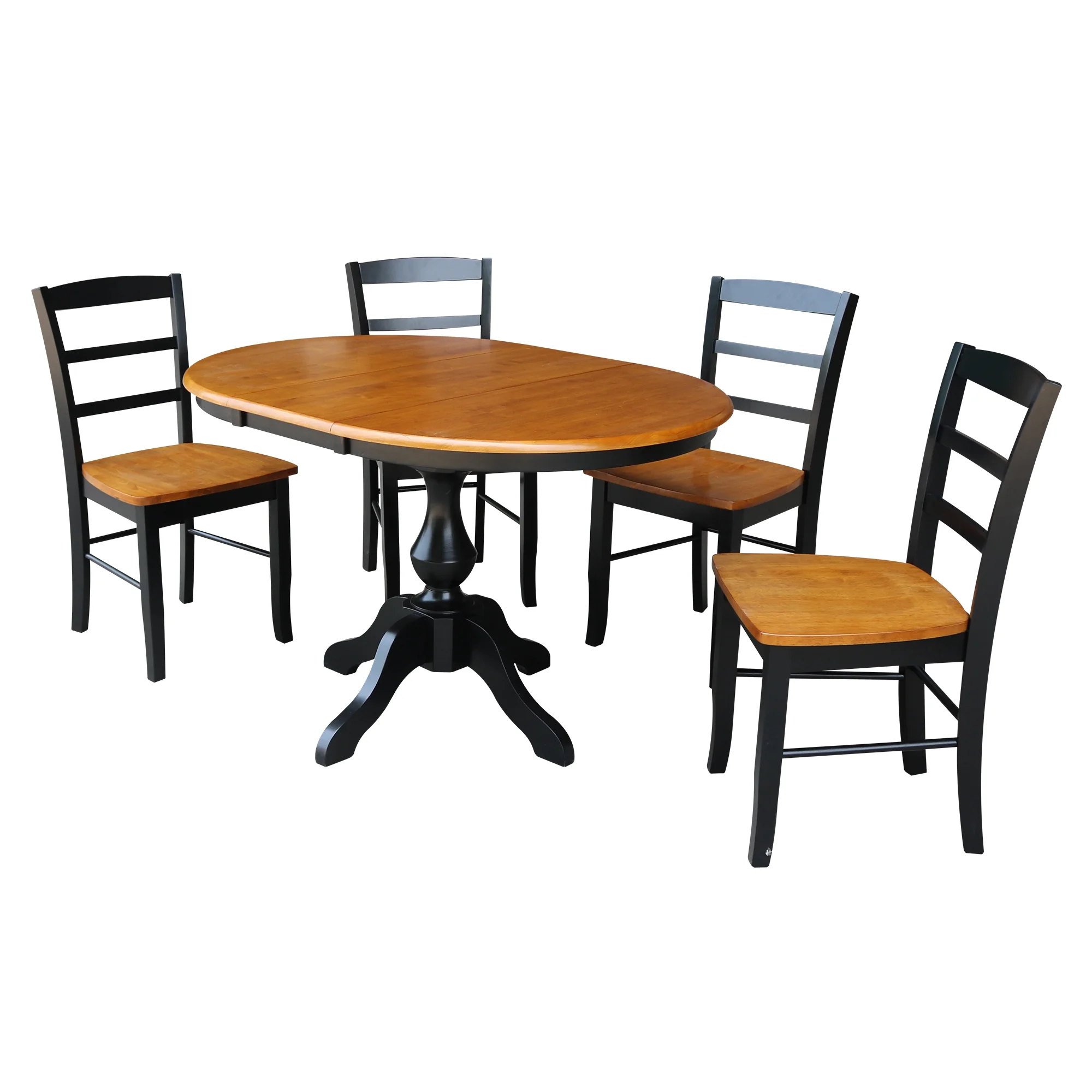 International Concepts Solid Wood 5-Piece Dining Set with 36 in. Round Dining Table with 12 in. Leaf and 4 Ladder Back Madrid Chairs in Black/Cherry