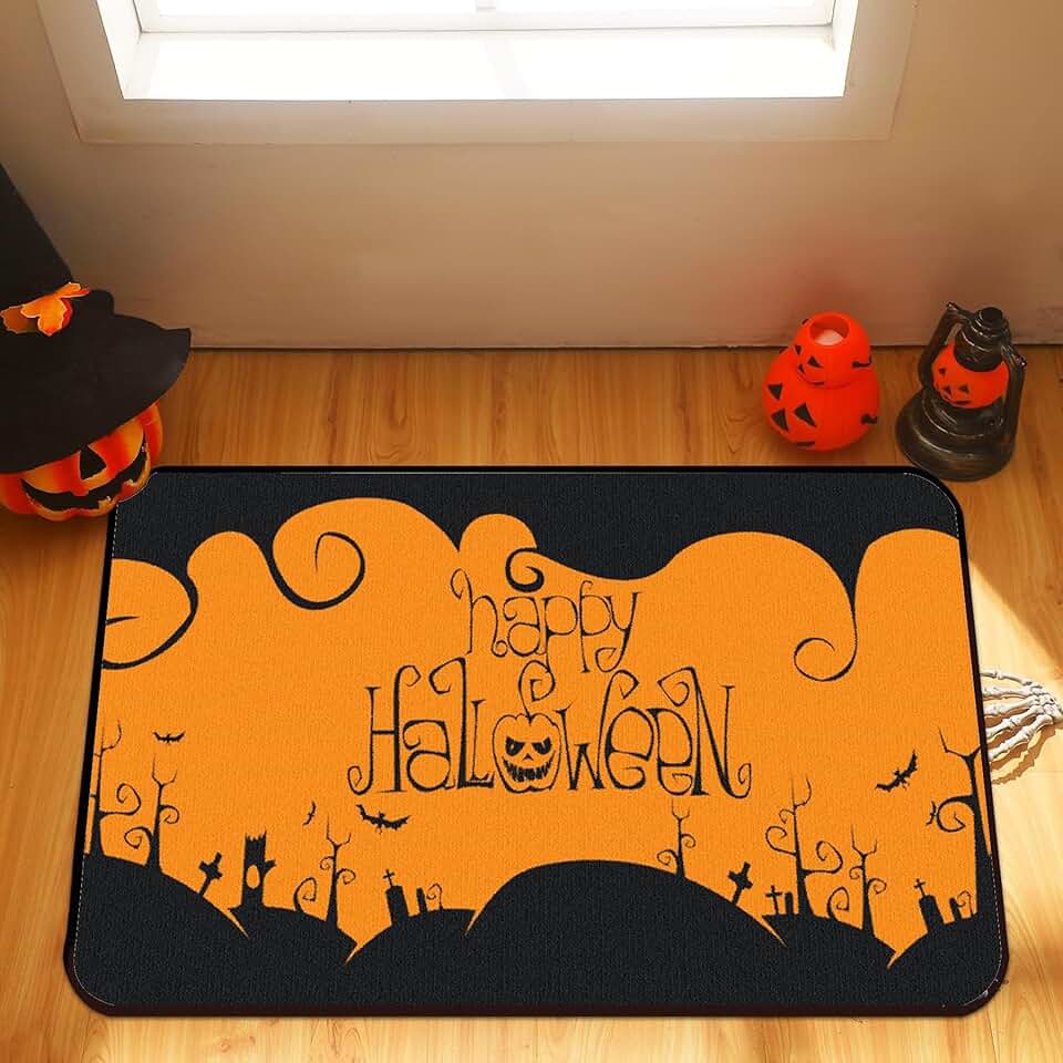 Welcome Halloween Cartoon Orange Clouds Decorative Front Door Mat, Pumpkin Doormat Indoor Outdoor Non-Slip Floor Entryway Rug, Home Kitchen Decoration 8x10ft/96x120in/240x305cm