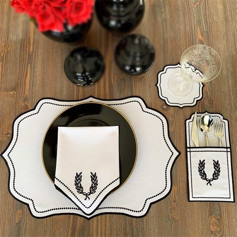 Set of 6 Embroidered Linen Placemats Napkins Coasters Cutlery Bags Tablecloths Festive Party Table Decorations