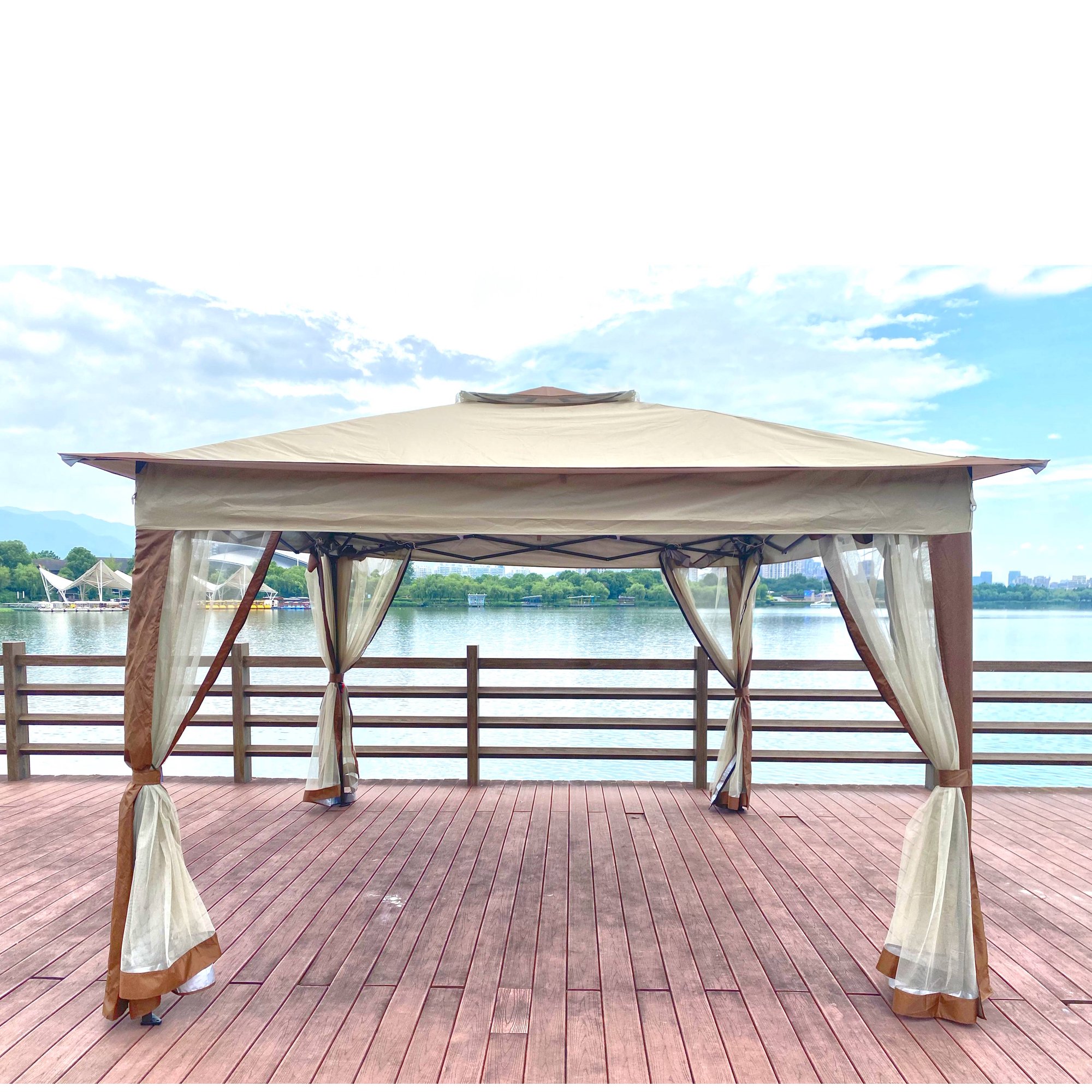 Outdoor Steel Frame Folding Gazebo Canopy, 11 x 11ft Portable Pop up Gazebo, Heavy Duty Instant Gazebo Tent W/ Nettings Sidewalls & Carry Bag, Lightweight Folding Gazebo for Patio Beach, T864
