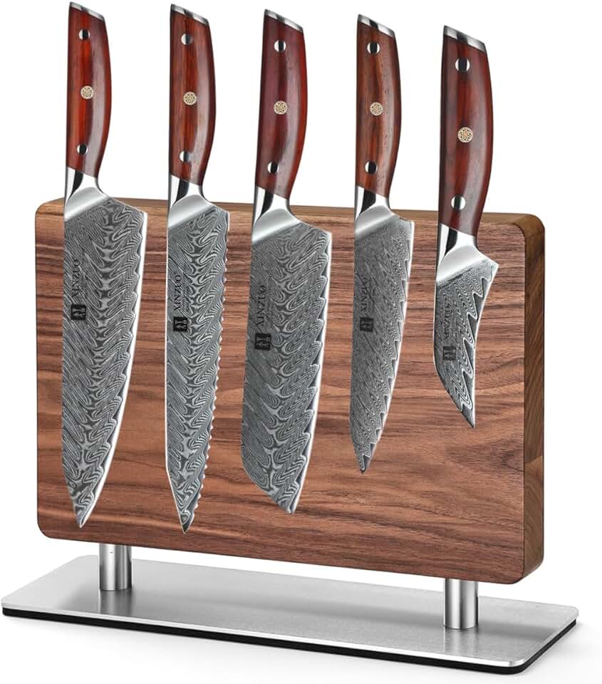 XINZUO 5 Pcs Knife Set, Super Damscus Steel Kitchen Knife Set, Professional Chef Knife Set with Magnetic Knife Block,Natural Walnut Knife Holder Stand for Counter Top,with Strong Magnets