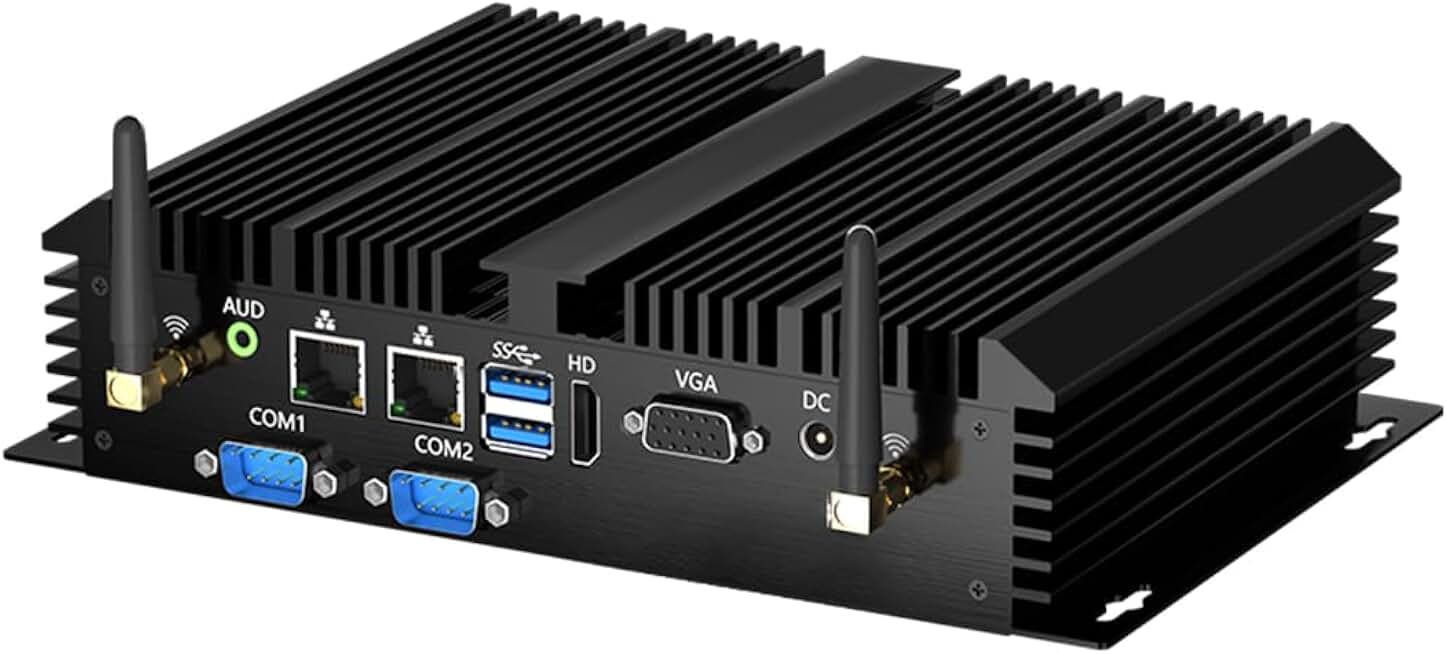 Fanless Mini Industrial PC, Desktop Computer Core i7-5500U Windows 10 Pro, 16GB RAM 512GB SSD, 2xNICs, 2*COM RS232, 4xUSB3.0, Dula-Band WiFi, HDMI/VGA Ports, Gigabit LAN, Auto Power On