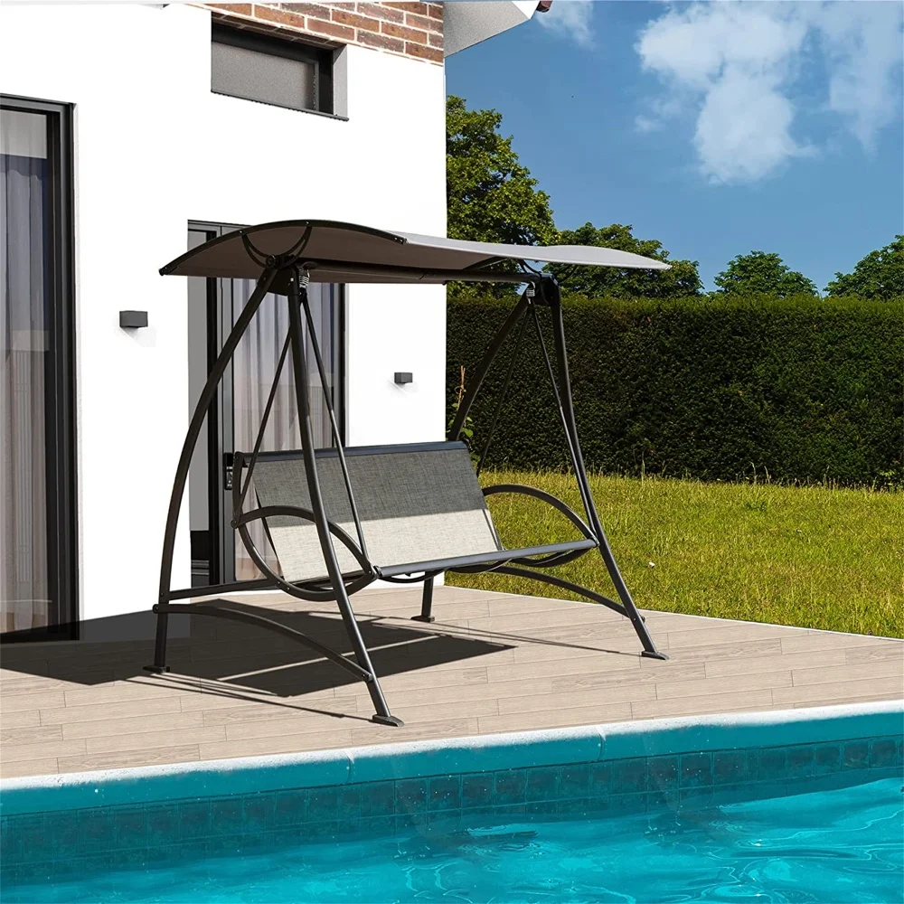 Outdoor 3 Seat Patio Swing Chair with Adjustable Waterproof Canopy, Steel Frame Swinging Bench Patio Swing Glider