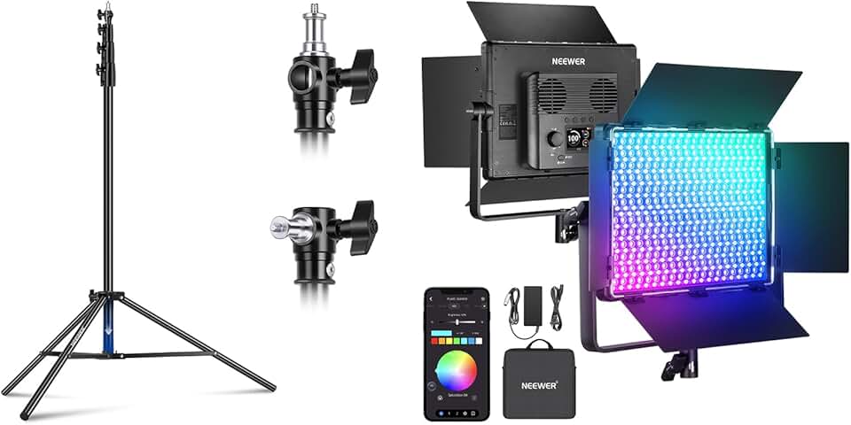 NEEWER PL60C RGB LED Panel Video Light APP/2.4G/DMX Control, 60W 23000Lux/0.5m 2500K-10000K RGBCW Pro Photography Studio Lighting with 13ft/4m Air Cushioned Light Stand