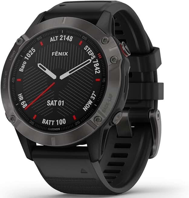 Garmin fenix 6 Sapphire, Premium Multisport GPS Watch, Features Mapping, Music, Grade-Adjusted Pace Guidance and Pulse Ox Sensors, Carbon Gray DLC with Black Band