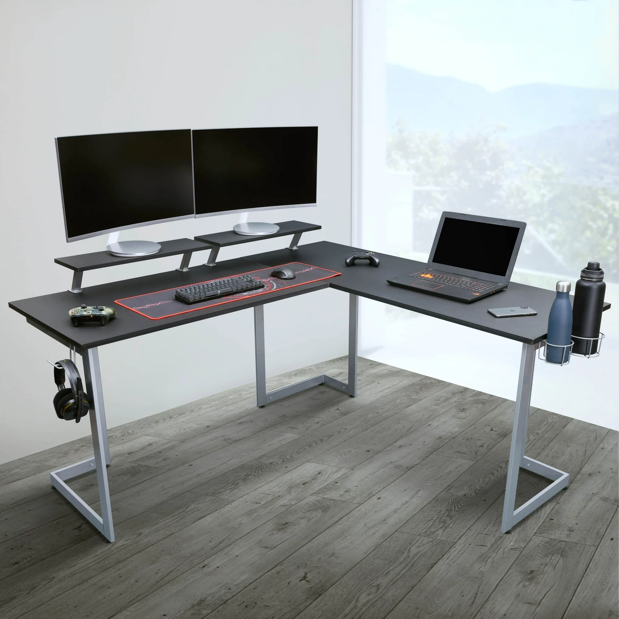 ikayaa Sport Warrior L-Shaped Gaming Desk, Black