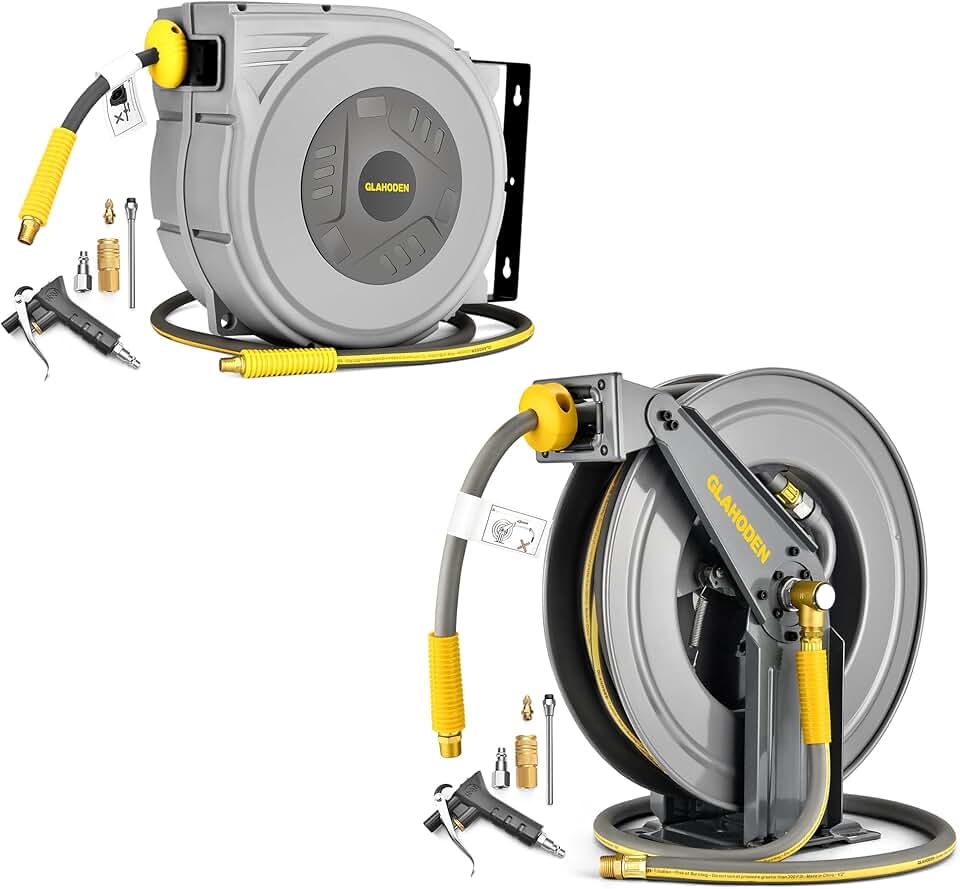 3/8 in x 75 Ft Enclosed Retractable Air Hose Reel & GLAHODEN 1/2 in Double Arm Air Hose Reel 50 ft Retractable