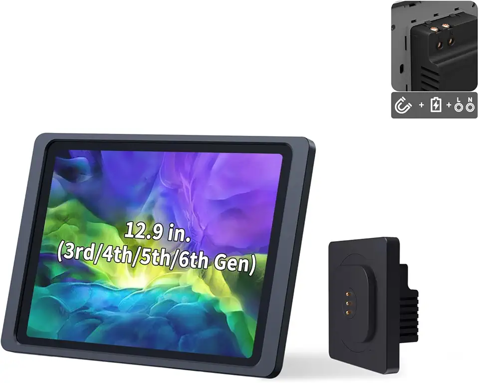Magnetic Wall Mount with Charging Case for iPad 12.9” 3rd / 4th / 5th / 6th Gen. Upgraded 18W Quick Charge, Strong Magnets, 360 Rotation, in-Wall Junction Box Included