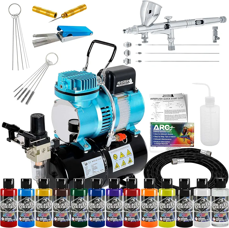 Master Precision Detail Control G444 Airbrush Kit with 3 Tips and Master Air Compressor TC-326T, Createx Wicked Colors 12 Color Airbrush Paint Set and Airbrush Cleaning Kit