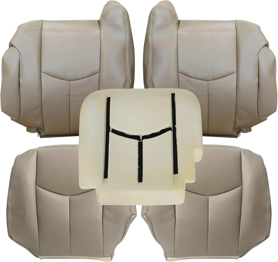 Front Driver and Passenger Bottom and Top Lean Back Leather Seat Covers Tan #522 & Driver Foam Cushion Fit for Chevy Avalanche Silverado GMC Sierra 1500 2500 3500 HD 2003 2004 2005 2006