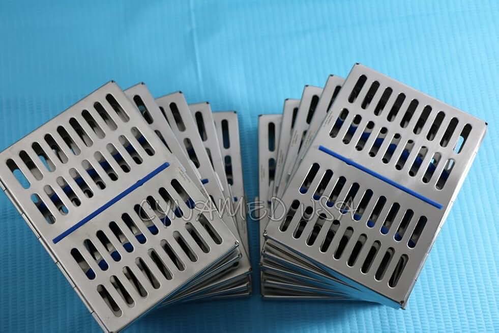 German Steel Set of 10 Dental Autoclave Sterilization Cassette Rack Box Tray for 10 Instrument
