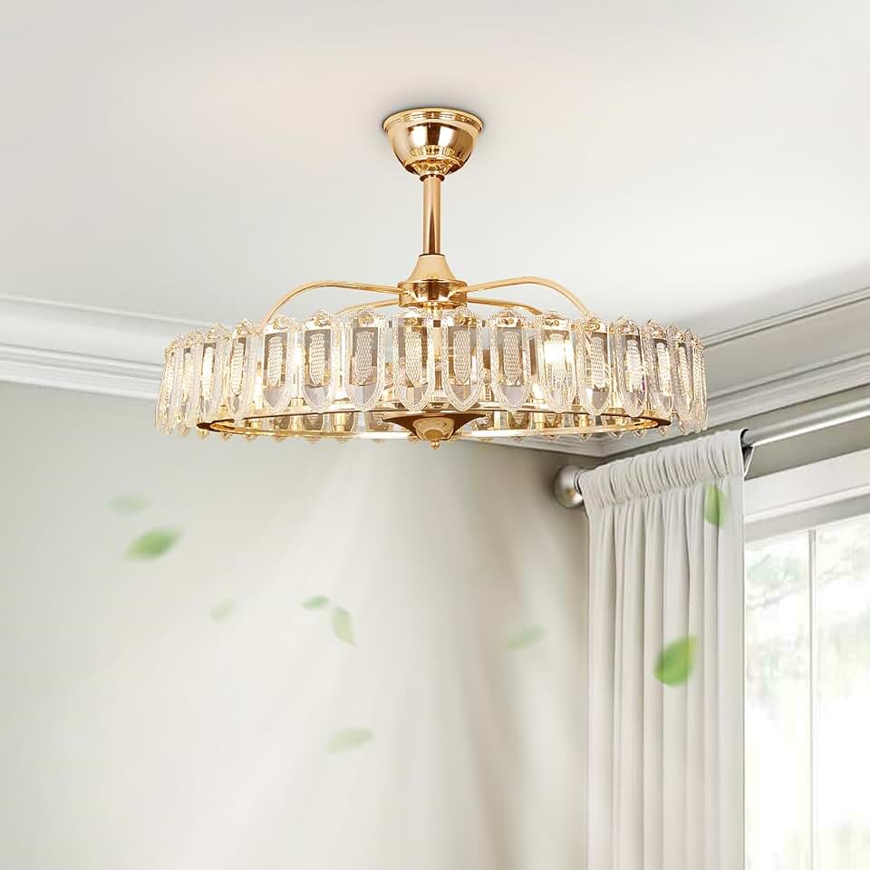 Chandelier Ceiling Fan with Lights: 20 Inch Caged Ceiling Fan with Remote Modern Crystal 6 Speeds Reversible DC Motor - Gold Fandelier Ceiling Fan for Bedroom Living Room