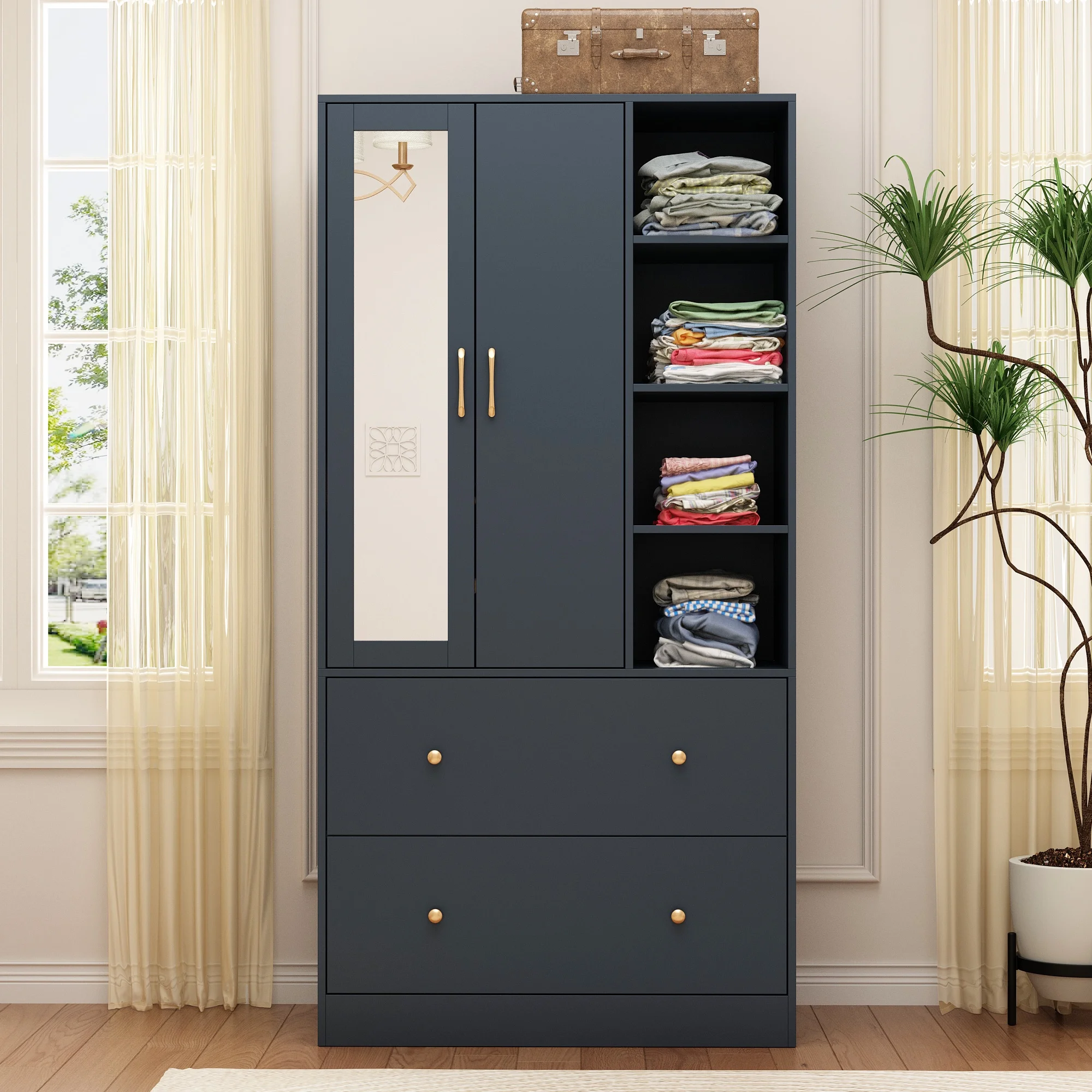 OXYLIFE 2 Door Wardrobe Armoire, Navy Closet Storage Organizer with Two Drawers, Telescopic Clothing Rod and Shelves for Bedroom
