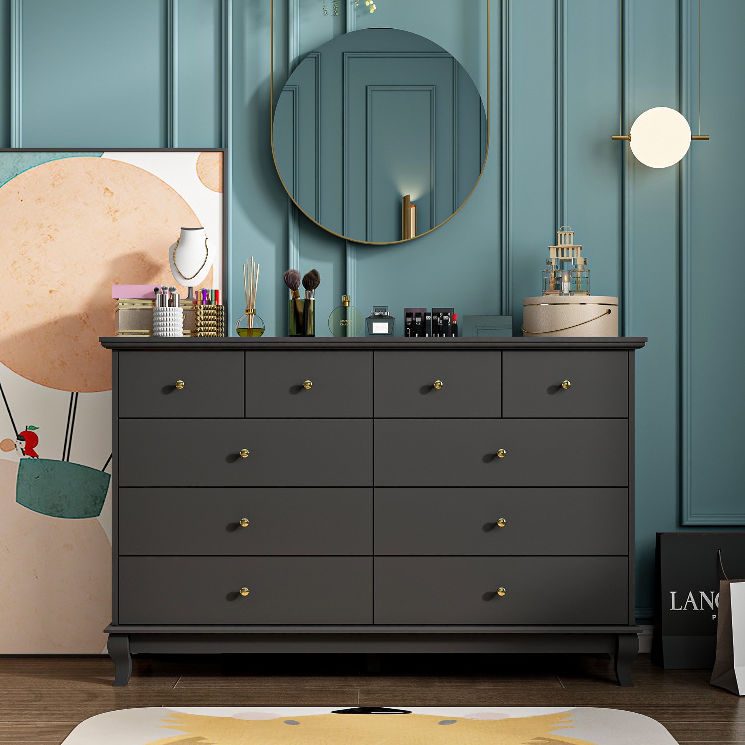 OXYLIFE Wooden 10 Drawer Dresser, Chest of Drawers Storage Cabinet for Bedroom Closet Nursery, Black