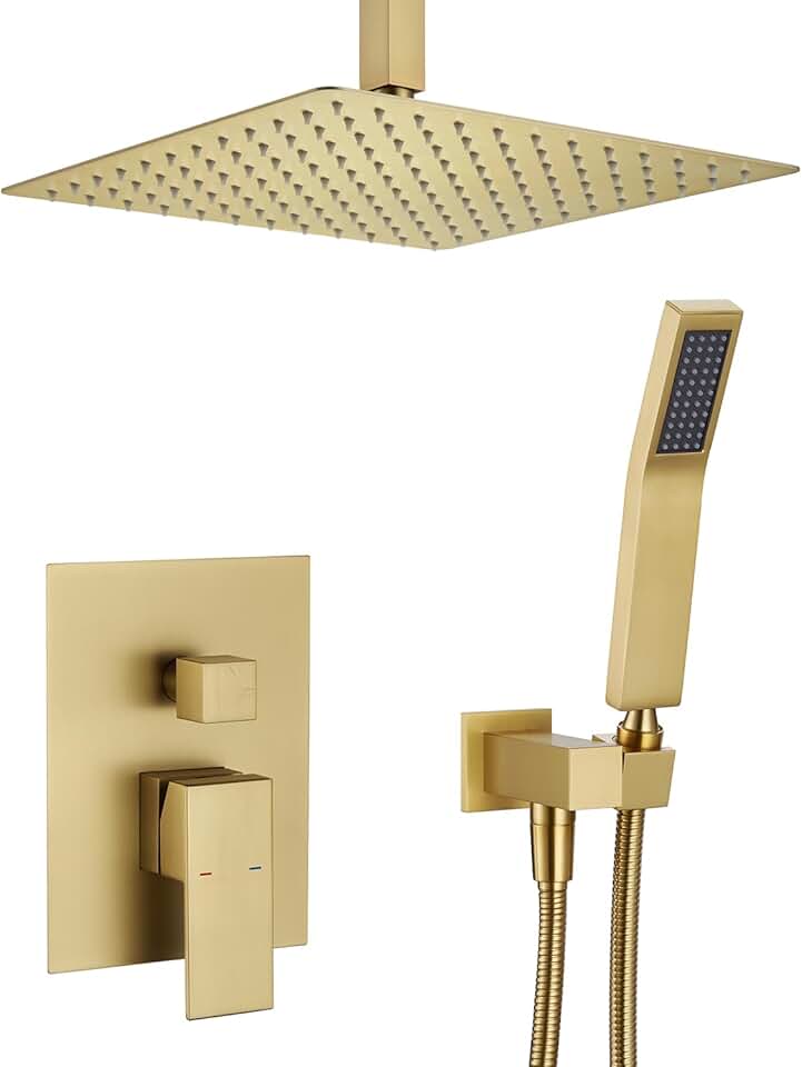 Shower System 12 Inches Rain Shower Combo Set Brushed Gold Ceiling Mount Shower Faucet Bathroom Faucets with Rainfall Shower Head and Hand Shower