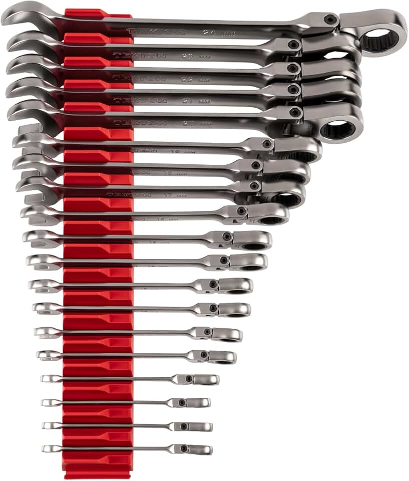 TEKTON Flex Head 12-Point Ratcheting Combination Wrench Set with Modular Wrench Organizer, 19-Piece (6-24 mm) | WRC95303