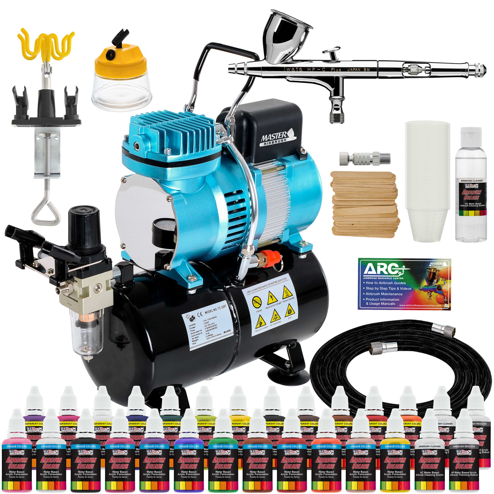 IWATA HP-C PLUS Performance Airbrush Kit Master Tank Compressor, 24 Paint Colors