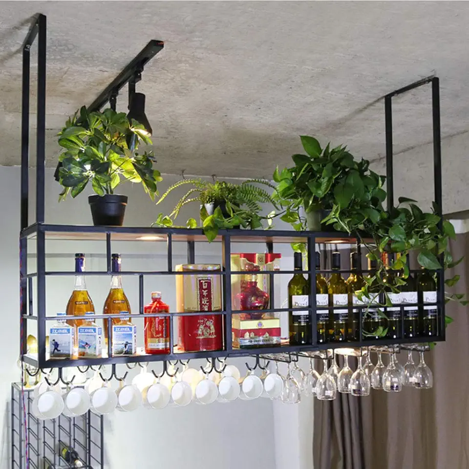 Hanging Wine Glass Cup Rack,Rustic Ceiling Decoration Shelf Metal Wine Glasses Organizer Holds Any Type of Stemware Glassware Wine Glasses and Flutes Bottle Rack