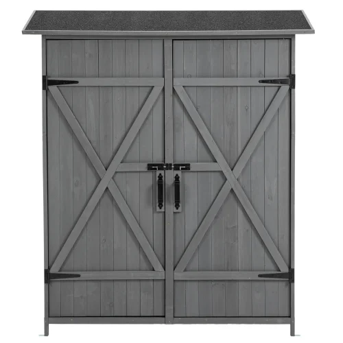 Outdoor Storage Cabinet, Outdoor Storage Shed with Locking Door, Wooden Tool Storage Shed with Removable Shelves and Pitched Roof, Grey