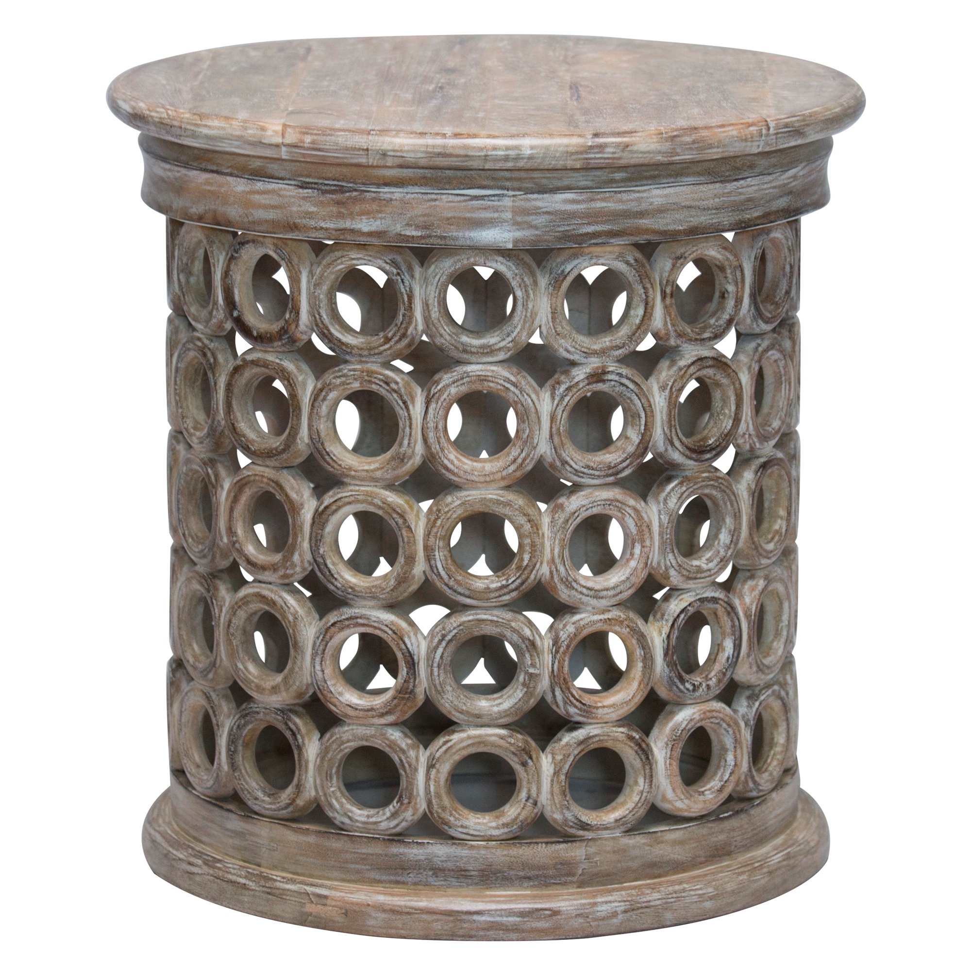 Ox Bay Gray Brown Farmhouse Geometric Handmade Solid Mango Wood Drum Indoor Side End Table, 23