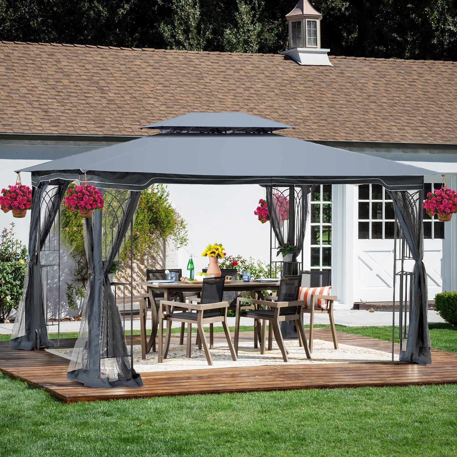 Patio Gazebo Canopy, 13x10 FT Outdoor Gazebo with Double Vented Roof, Gazebo for Patio with Detachable Netting & Steel Frame, Easy Setup Permanent Pavilion with Strong Legs for Patios, Lawns, Gardens