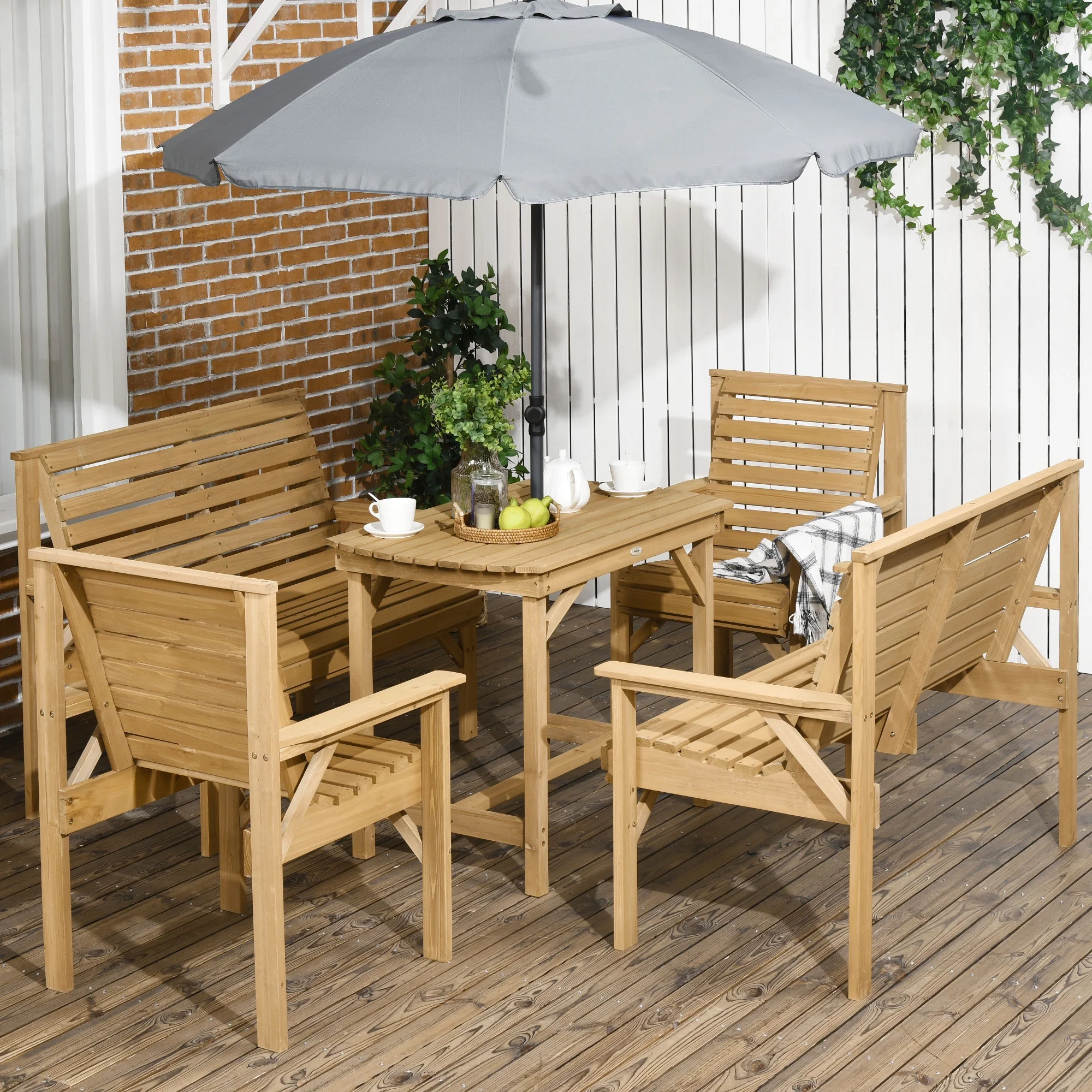 Outsunny 5pc Patio Dining Set, Umbrella Hole Table & Chairs, Loveseats