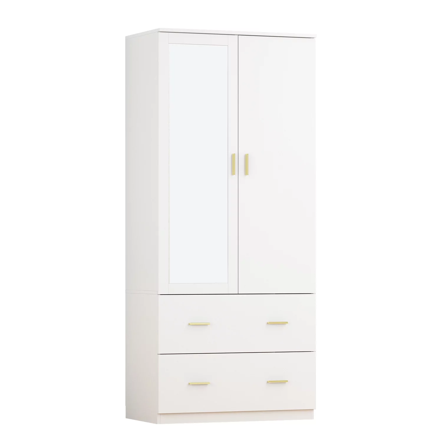 OXYLIFE 2 Door Wardrobe Armoire Closet with Two Drawers, Clothing Rod and Shelves for Bedroom White