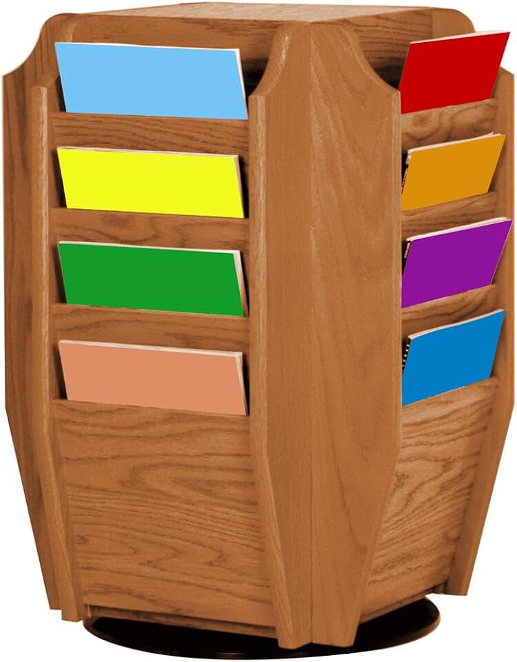 Wooden Mallet Cascade Spinning Countertop Display with 16-Magazine Pockets, Medium Oak