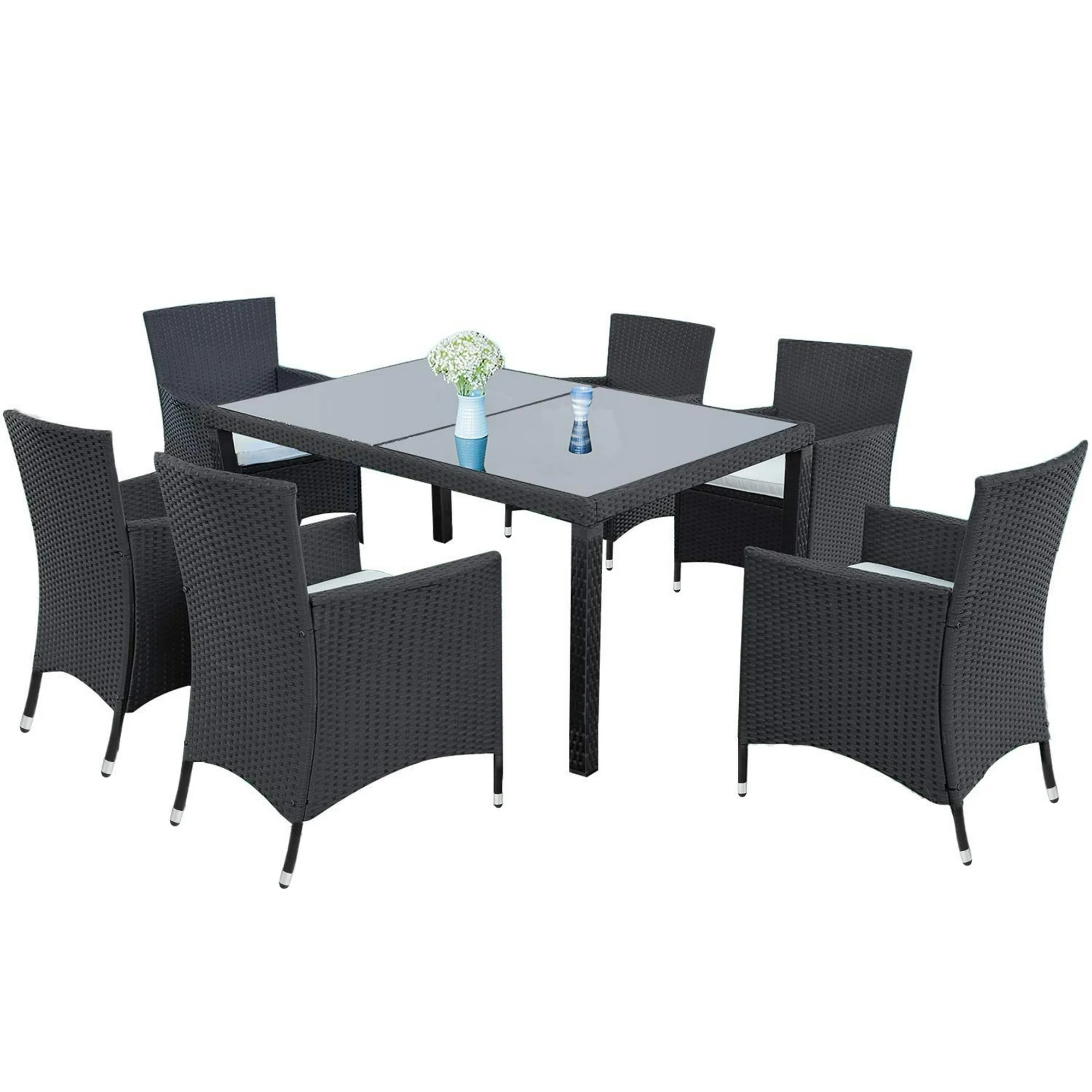 Outdoor Wicker Patio Dining Table Set, 7-Piece Rattan Furniture Set with 6 Armrest Chairs, Resistant PE Wicker Set w/ Removable Cushions, 6 Persons Conversation Set for Backyards Garden, 265lbs, S8093