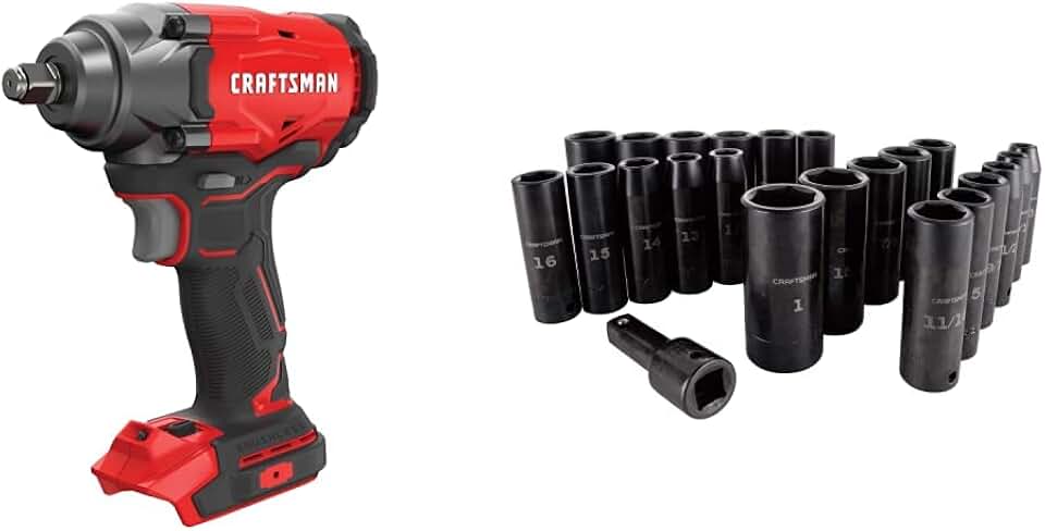 Craftsman V20 Impact Wrench, Cordless, Brushless, 1/2-Inch, Tool-Only w/Deep Impact Socket Set, SAE, 1/2-Inch, 23 Pieces (CMCF920B & CMMT16970)