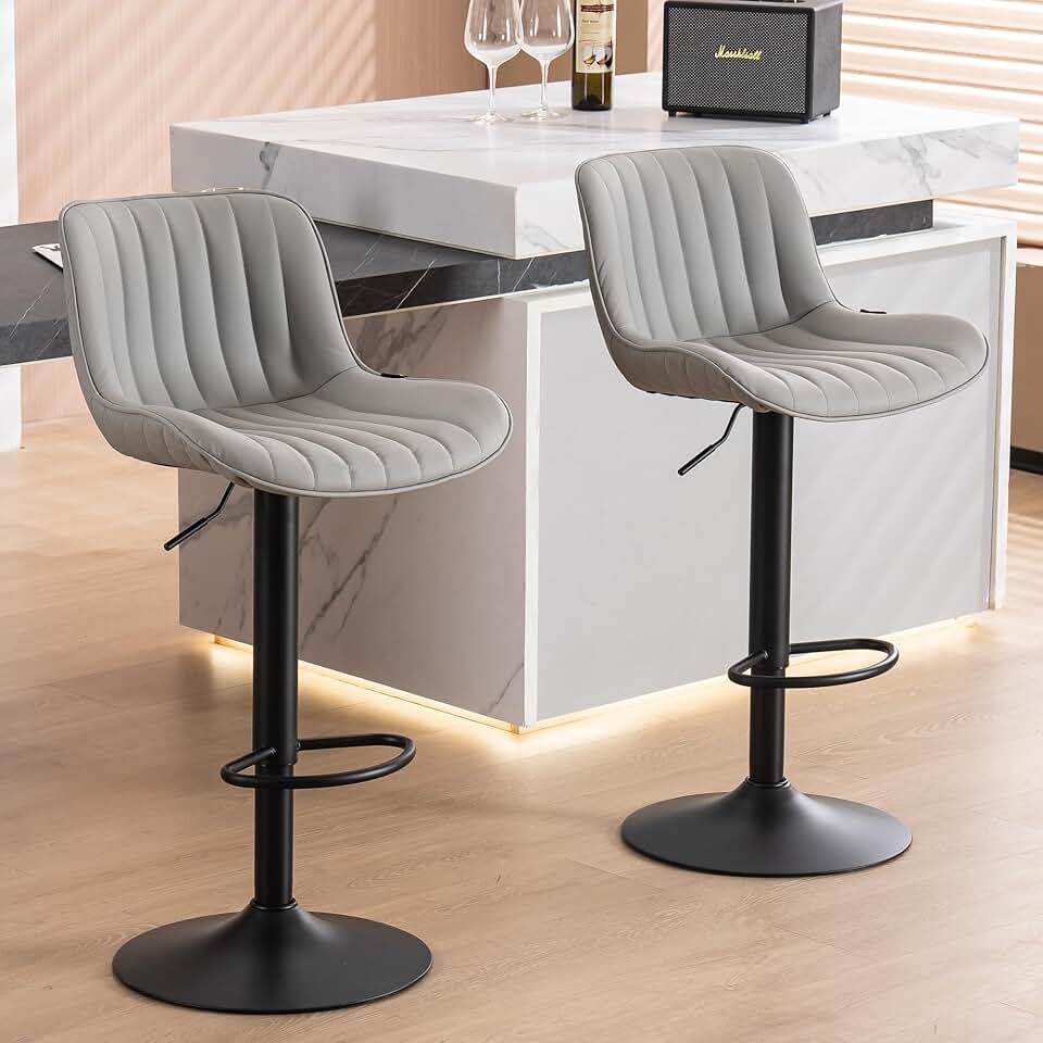 YOUNUOKE Grey Upholstered Bar Stools Set of 2 Counter Height Modern Adjustable Swivel Bar Chairs with Backs Mid Century PU Leather Padded Barstool for Home Kitchen Island