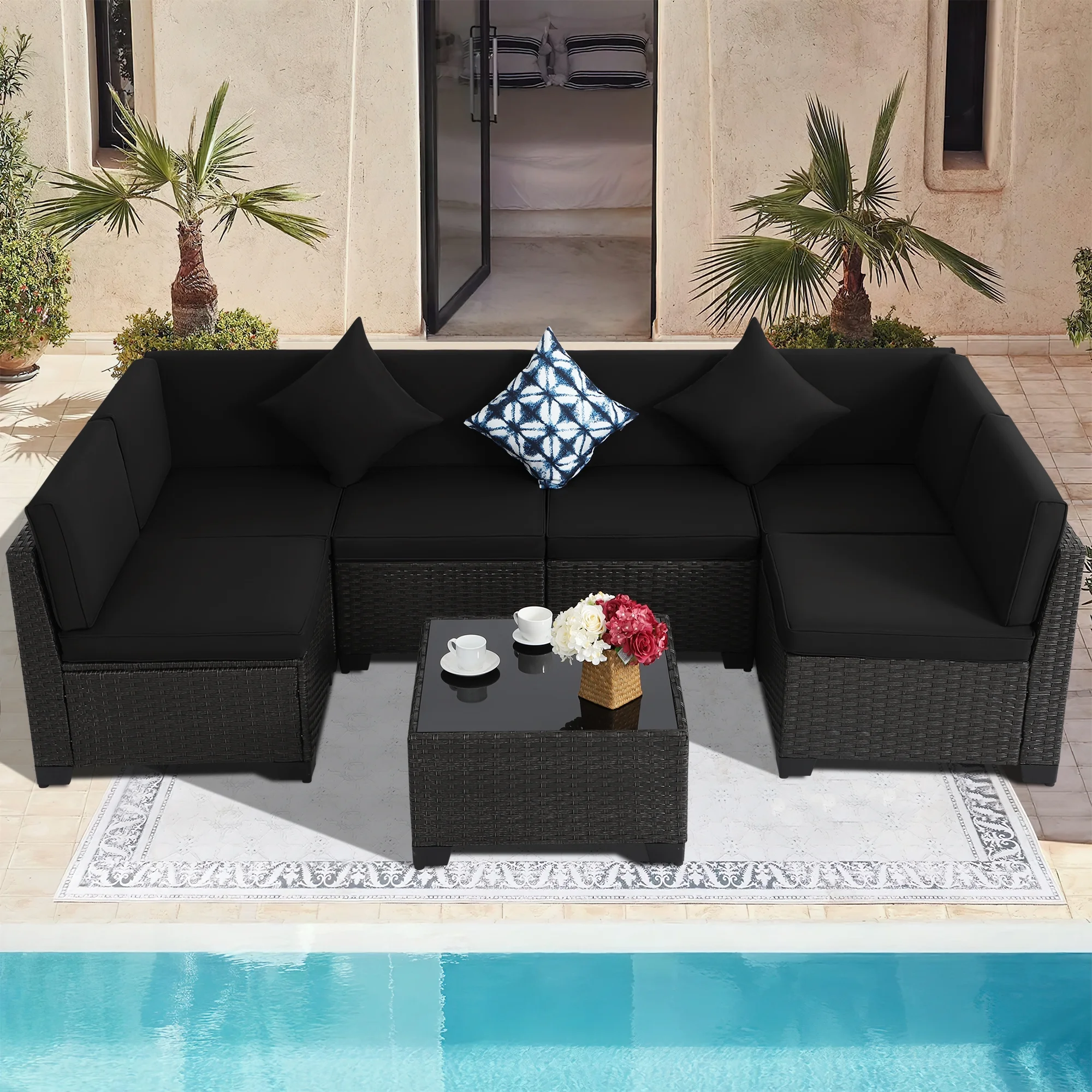 Outdoor Furniture Set, 7pcs Patio Sectional Sofa Slant Back Wicker Chairs and Coffee Table , All Weather PE Rattan Patio Couch Set with Black Cushions