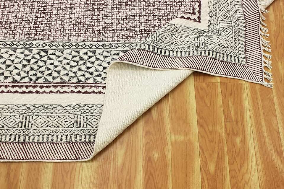 Collection Square - 7x7 Area Rug Black & Purple Pattern Cotton Dhurrie Geometric Kilim Rug Indoor Outdoor Use Carpet Flatweave Rugs for Bedroom Bedside Mat Dining Table Mat & Hall