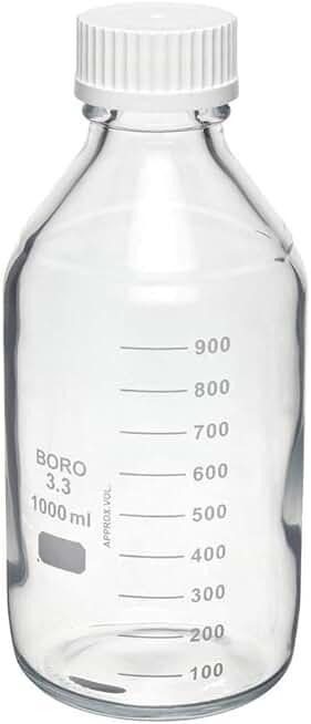 Wheaton 219940 Safety Coated Bottle, Media/Reagent Style, 1000mL With Polypropylene Pour Ring And 45mm White Polypropylene Unlined Screw Cap, 101mm x 233mm (Case of 12)