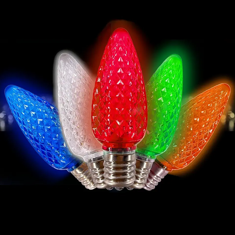 C9 Christmas Lights LED Bulb (Pack of 500) Multicolor Replacement Christmas Light Bulbs Faceted Retrofit Candle Shape Commercial Grade E17 Socket Roof Lights Bulbs